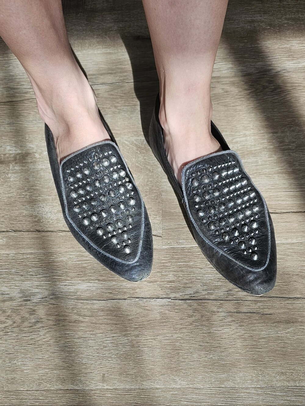 All Saints Studded Pointed Toe Womens Loafers - Black Leather